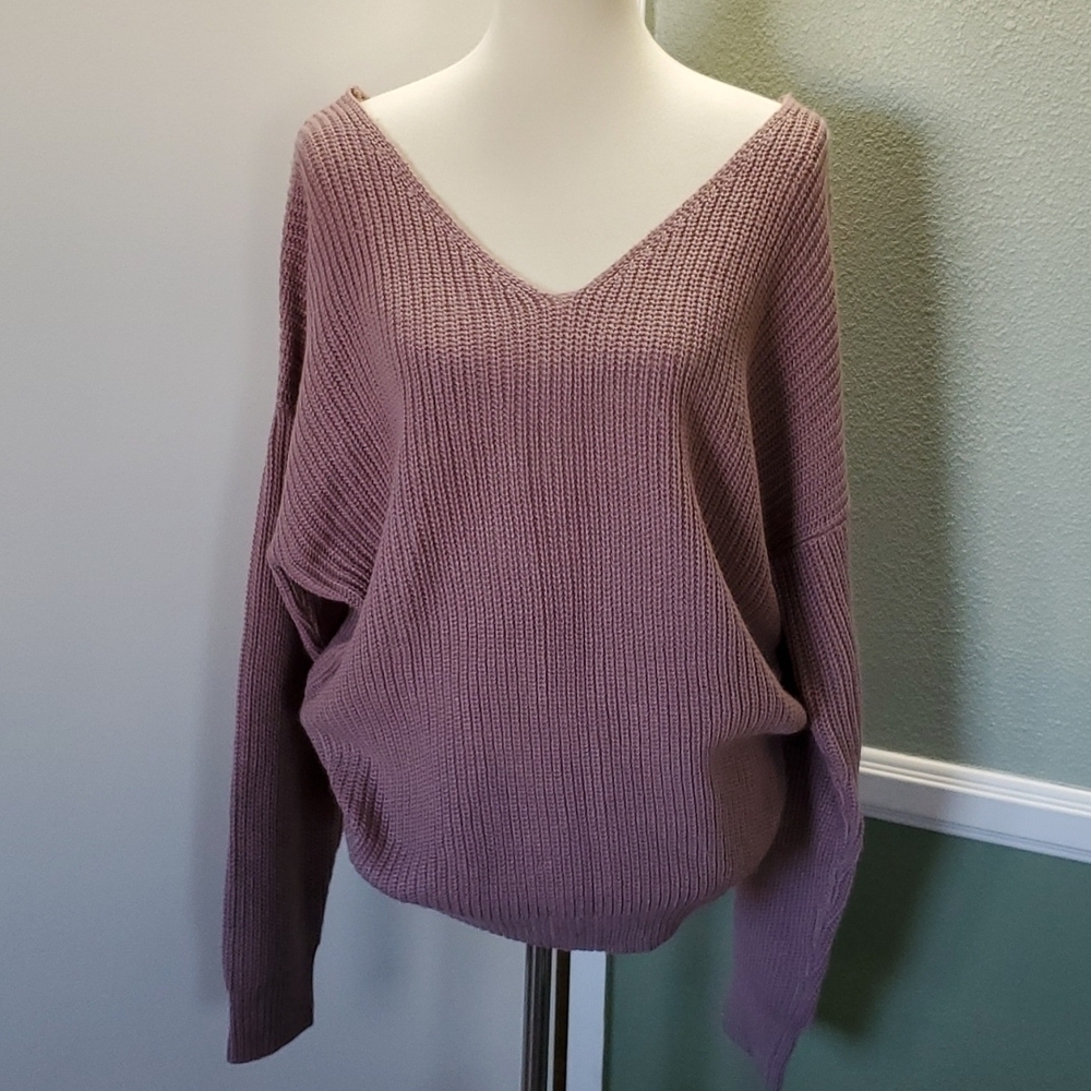 "Love Tree" Long-Sleeve Waffle Knit Sweater, with V-neck Front & Twisted Back - Picture 5 of 14